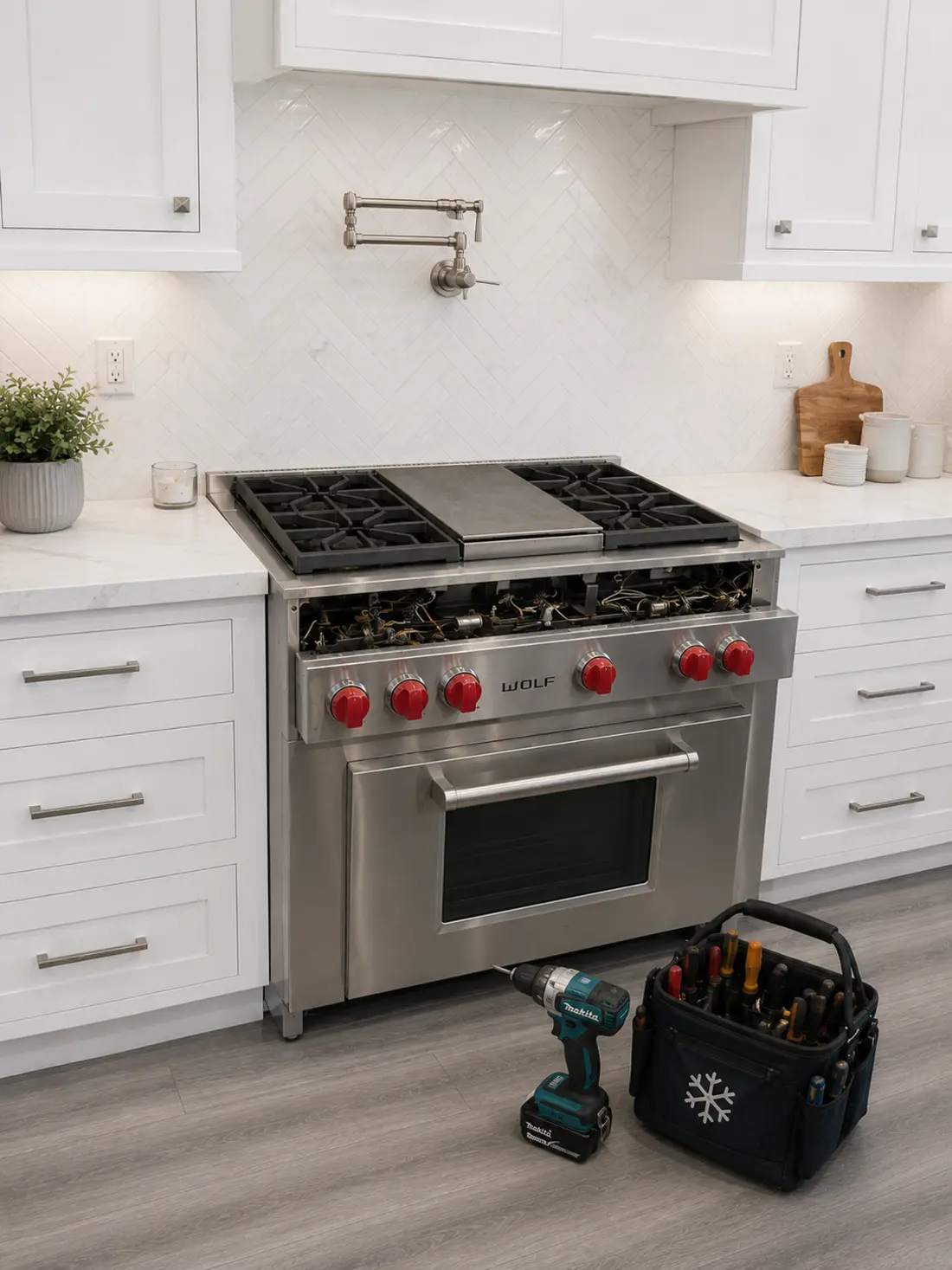 Wolf dual-fuel range with the cooktop opened for burner service in a Jacksonville kitchen