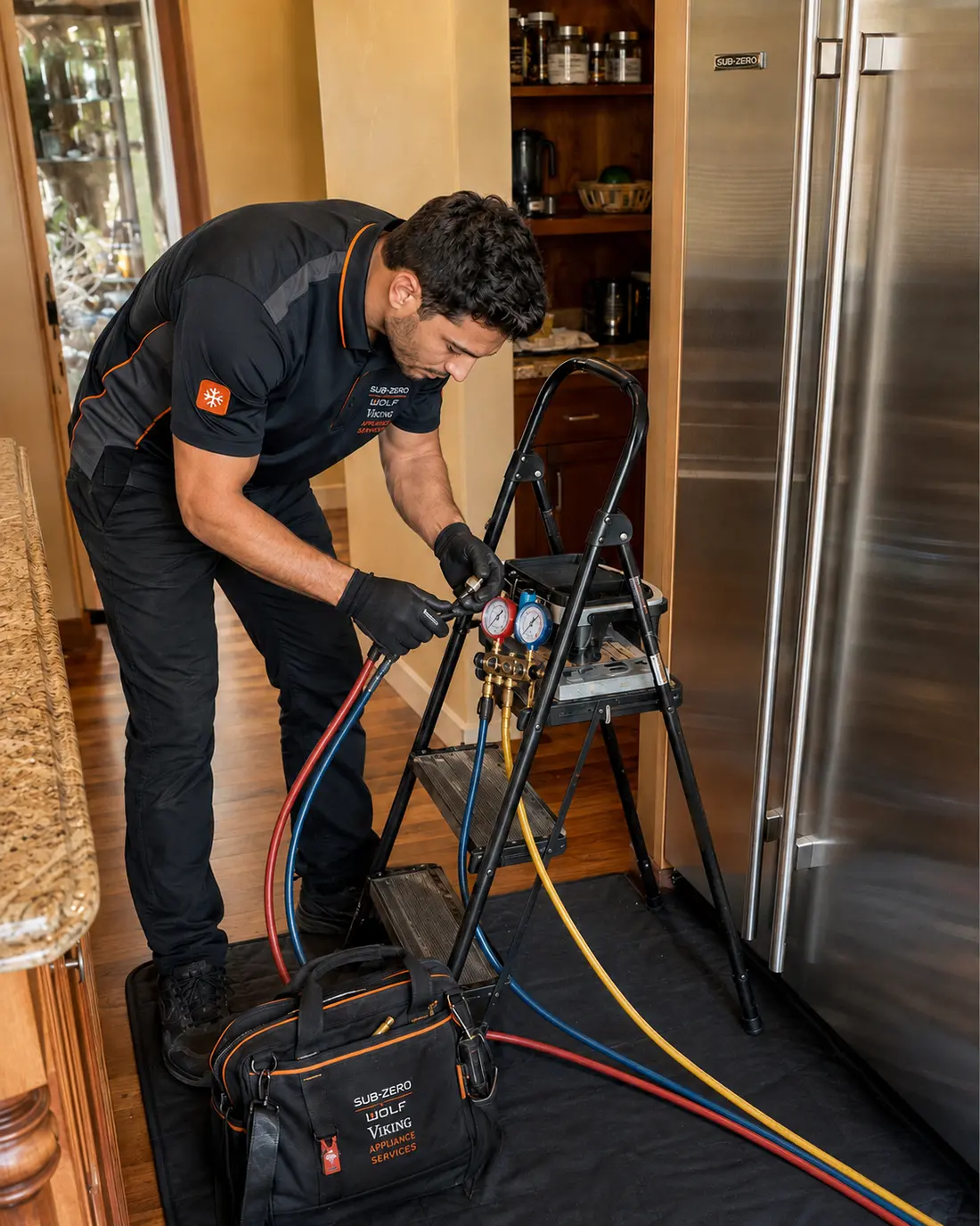 Technician recovering refrigerant and brazing a Sub-Zero sealed system in a Jacksonville kitchen